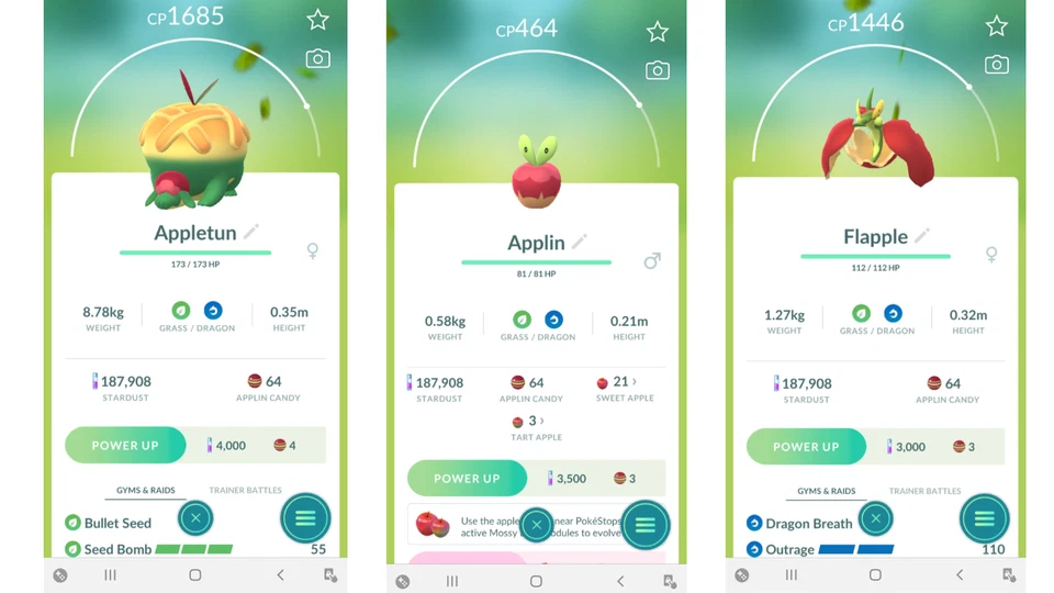 Non Shiny Applin Flapple Appletun (Knapfel Drapfel Schlapfel) Pokemon GO✨XXS XXL