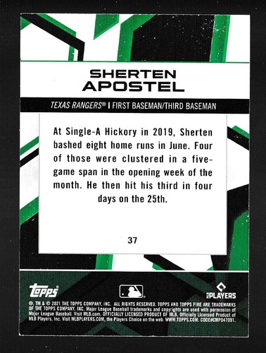 SHERTEN APOSTEL RC 2021 Topps Fire TEXAS RANGERS Rookie Card #37 - Picture 2 of 2
