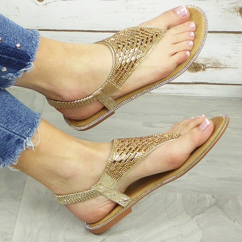 Sandalias para damas Zapatos Verano para mujeres Puntera elástica Plana Eslinga Bling Talla - Imagen 25 de 29