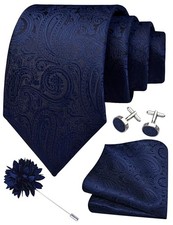 3.15"  8cm  Mens Tie and Lapel Pin Paisley Necktie Hankerchief Navy Blue