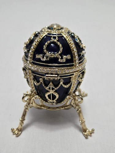 Blue Faberge Egg Replica Trinket Box With Rosebud and Pendant Handmade in Russia - Picture 5 of 24