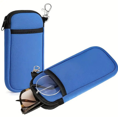 1 pc Portable Blue Zipper Glasses Case with Carabiner Protective Pouch
