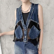 Hot Lady Retro Street Mesh Splicing Short Denim Vest Loose Jacket Party Coat