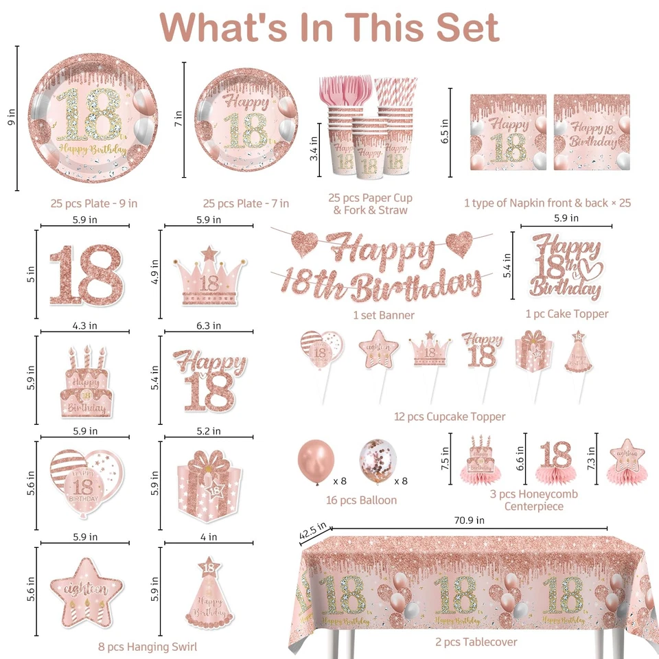 193 шт. розовое золото 18-й день рождения украшения для девочек с набором посуды, баннер... - Изображение 2 из 4