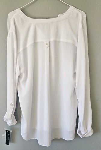 Zac & Rachel Women's White Blouse Long Sleeve Rollup Button V Neck Loose Fit XL