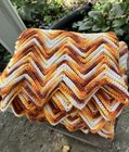 Vintage Chevron Knitted Afghan Throw Blanket Burnt Orange, Yellow & White 57X39