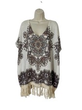 Vocal Boho Fringed Poncho Sweater XL Women Beaded Relaxed Hippie Festival