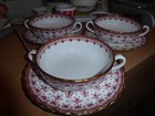 3 Spode Fleur De Lys handled soup bowls and drip plates