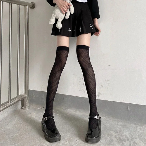 Medias Lolita JK Dulces Rombo Rayas Tirantes Para Mujer Sexy Hasta el Muslo Largas - Imagen 5 de 27