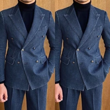 Formal Denim Suits For Men Double-breasted Six Button Peak Lapel Party Tuxedos 