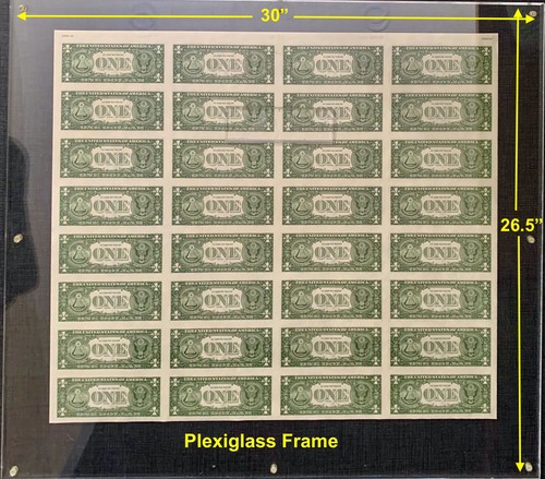 1985 Series Uncut Sheet of 32, $1 ONE DOLLAR BILLS **FRAMED IN PLEXIGLASS** UNC* - Picture 2 of 7