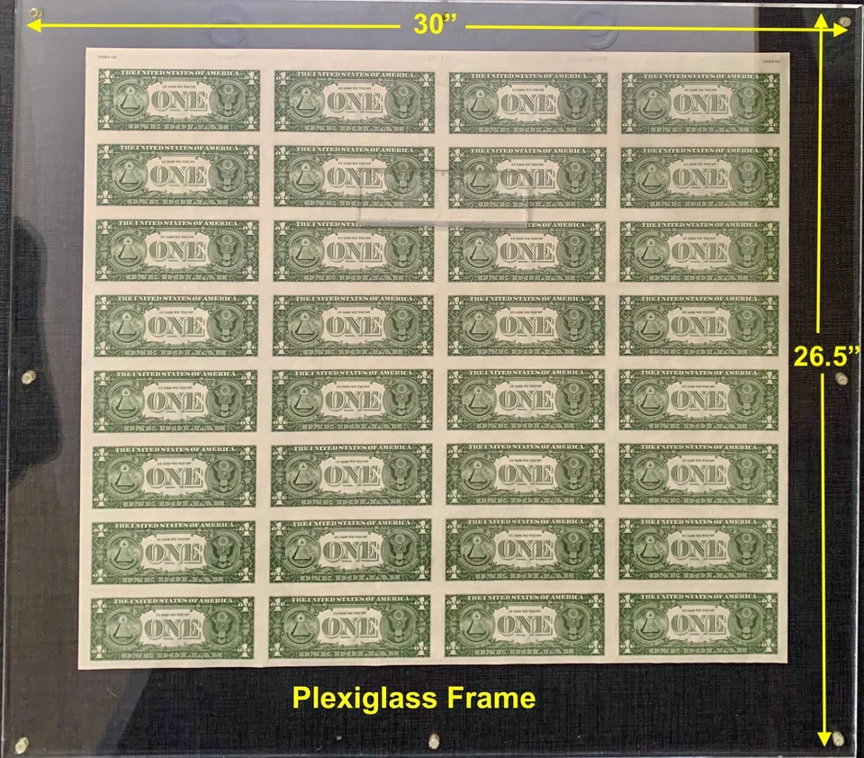 1985 Series Uncut Sheet of 32, $1 ONE DOLLAR BILLS *FRAMED IN PLEXIGLASS* FRB NY - Image 2 of 4
