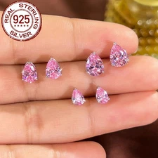 Pink Cubic Zirconia 925 Sterling Silver Stud Earrings TearDrop Earrings Jewelry