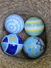 Set of 4 Ceramic Balls Stripe Sculpture White Blue Yellow Decorative Fine Art 4"