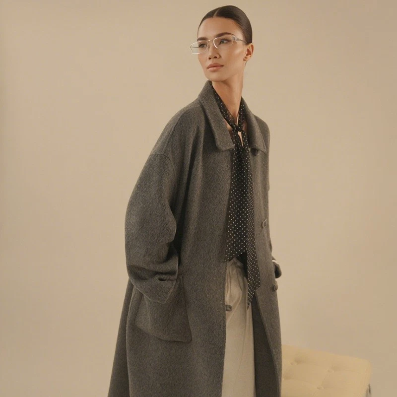 Gabardina informal de lana de doble cara larga con cuello de solapa para mujer Foto 2 de 4