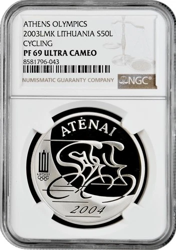 Lithuania 50 litu 2003 LMK, NGC PF69 UC, "Athens Olympics Cycling" silver coin