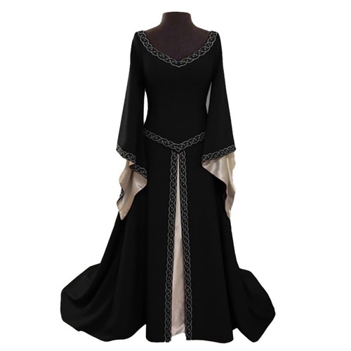Womens Medieval Costume Dress with Long Sleeves and Elegant V Neck Design - Picture 3 of 16