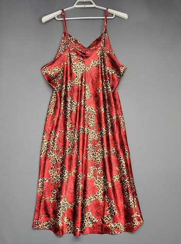 Nightgown Nighty Sleepwear Womens 3X Red Brown Satin Feel Floral Roses Cheetah - Picture 10 of 11