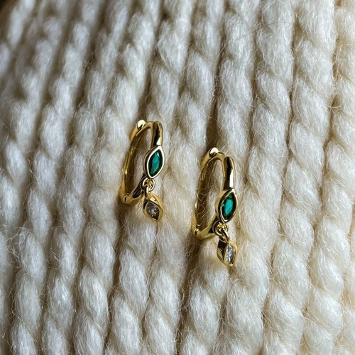 14K Gold Plated Dangle Cubic Zirconia Huggie Earrings - Picture 2 of 12