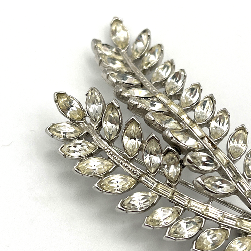 Spilla spilla vintage Albione trasparente baguette strass foglia rodiata fiore 2,5" - Foto 4 di 9