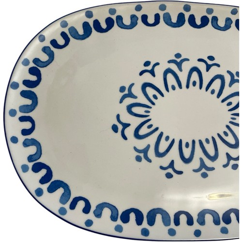 Gorgeous Pier 1 Stoneware Platter Blue White Floral Geometric 14.25"x9.25" - Picture 2 of 8