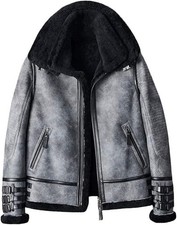 Men's Gray RAF B3 Aviator Bomber Shearling Fur Coat Real Sheepkin Leather Jacket