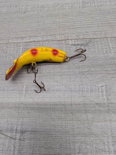 Vintage Helin Plattfisch SPS Holz Topwater für Barsch drei Haken 3 Gang gelb - Bild 5 von 10