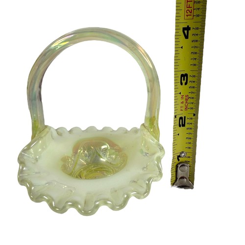 Fenton Topaz Opalescent Vaseline Yellow Iridescent Mini Basket Glows - Picture 9 of 9