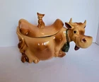 Vintage McCoy Pottery Brown Cow with Cat on Back - Brush USA W 10 Cookie Jar