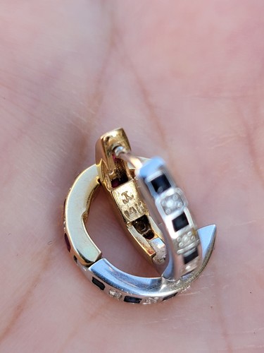 14K Two Tone Gold Ruby Sapphire Huggie Hoops with Diamond Accents - Picture 11 of 12