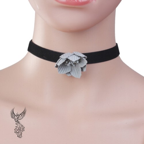 Black Velvet French Gray Fabric Flower Choker (13")    #743.       - Picture 1 of 3