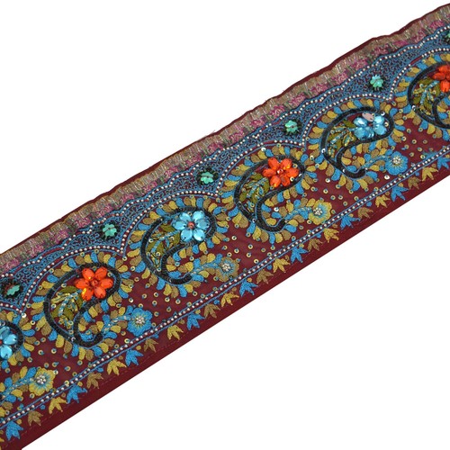 Indian Vintage Maroon Sari Border Hand Embroidered Craft Trim Lace Sewing 1yd - Picture 11 of 12