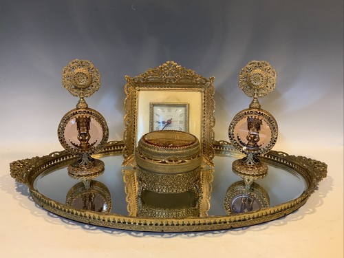 Vintage Gold Ormolu Filagree Cherub Rose Dresser Vanity Set 5 PC Amber Glass - Afbeelding 1 van 12