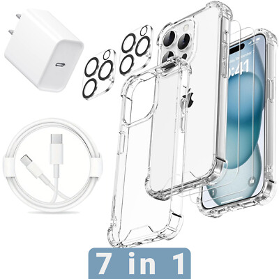 For iPhone 15 14 13 12 11 Pro Max Case +2*Screen +2*Lens Protector+Charger+Cable