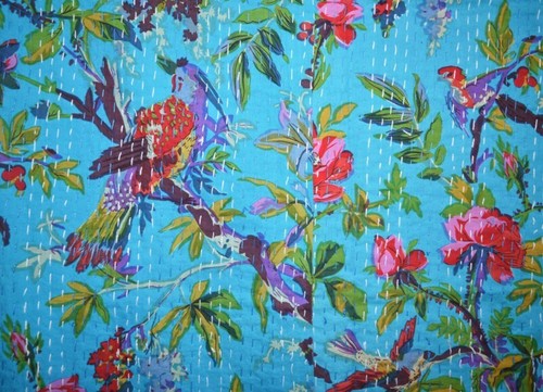 Indian Floral Hand Bird Print Kantha Quilt Twin Turquoise Bedspread Throw Quilt - Picture 3 of 5
