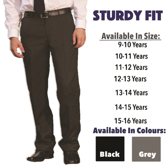 Boys Generous Sturdy Fit School Trousers Plus Fit Elastic Back Wider Waist 9-16 Boys Generous Sturdy Fit School Trousers Plus Fit Elastic Back Wider Waist 9-16