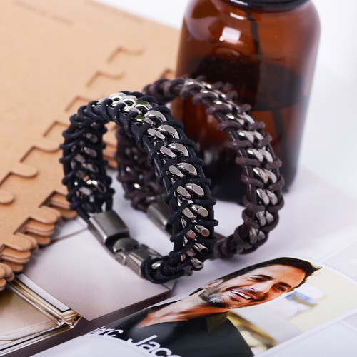 Braided Leather Silver Stainless Steel Cuban Chain Men's Bracelet Bangle - Picture 4 of 6