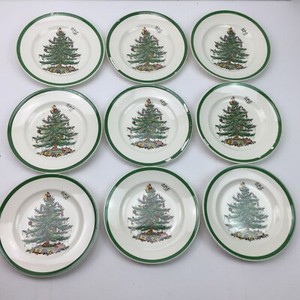 Vintage-Spode-Christmas-Tree-Set-9-Plates-Handpainted-Chipped-Porcelain-China