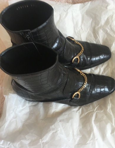 Stella McCartney Black Croc-Embossed Chain Buckle Ankle Boots: Size: 38.5 - Picture 2 of 24