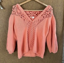 Anthropologie Crochet Hooded Sweater Tangerine Cottagecore BOHO 3/4 Sleeves Sz L