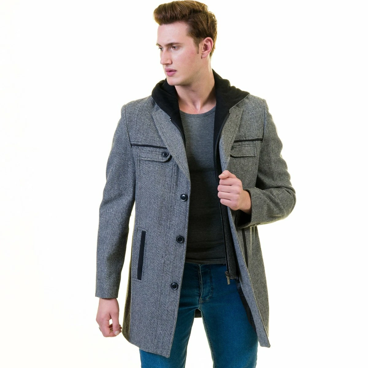 Men's European Grey Wool Coat Hooded Jacket Tailor fit Fine Luxury Quality  Work | eBay