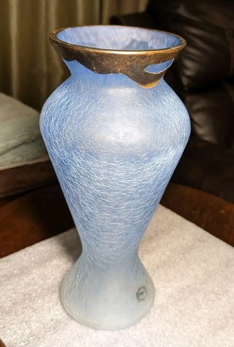 Large Vase Hand Made In Romania Frosty Blue Glass & Brass Accents Romblast VTG - Picture 4 of 22