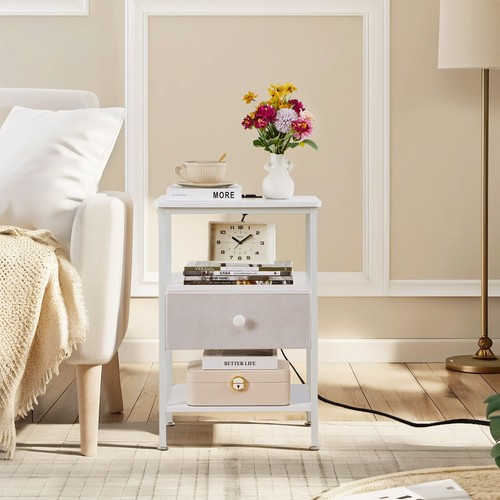 Nachttisch Beistelltisch mit Schublade Regal Ladestation Wohnzimmer Schlafzimmer - Bild 30 von 38