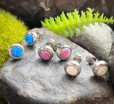 Pair of 6mm Bezel White Opal Surgical Steel Stud Earrings Pair of 6mm Bezel White Opal Surgical Steel Stud Earrings