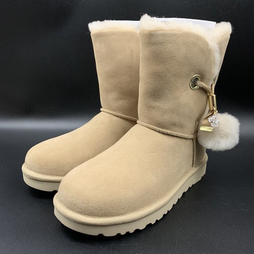 UGG IRENA TESSIE BOOT POM POM CHARM SAND SUEDE SHEEPSKIN WOMENS US 7 ~SMALL FLAW - Picture 7 of 20