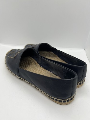 Tory Burch -Eleanor Perforated Black/Tan Leather Woven Espadrille Flats Size 9.5 - Picture 4 of 8