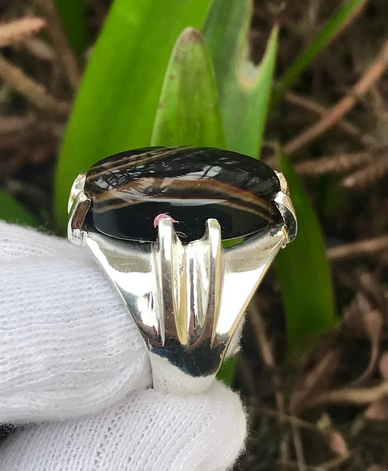 Anillo de plata original marrón negro ojo yemení Aqeeq Akik anillo ágata día de la madre Foto 2 de 4