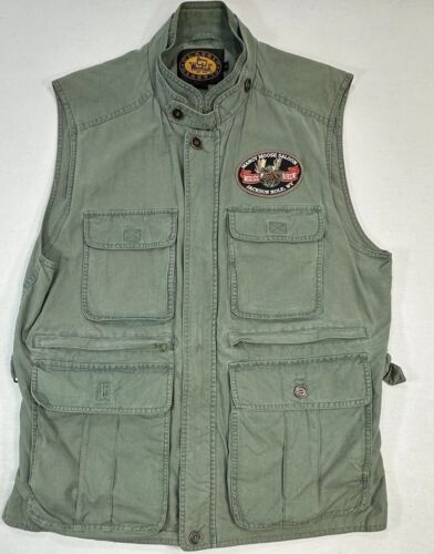 Vtg WOOLRICH Classics Khaki Hunting Fishing Cargo Vest MANGY MOOSE SALOON Patch - Picture 2 of 12