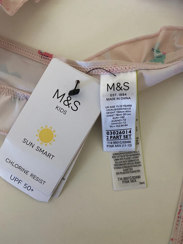 M&S Marks & Spencer Rosa Flamenco 2 Piezas Bikini Traje de Baño Niñas Talla 11-12 Nuevo con Etiquetas Foto 4 de 4