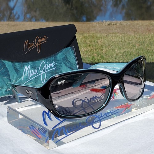 *RARE+PERFECT* Maui Jim "PEARL CITY" 214-03A Gloss Black+Blue Frames/Grey Lenses - Picture 7 of 23